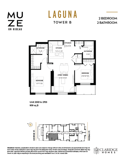 Floor plan for 2 beds, 2 baths, 909 sqft